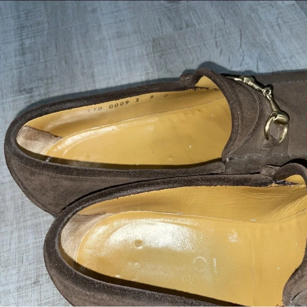 GUCCI Tom Ford Era Gold Horsebit Brown Suede Loafers Shoes Size US 9D